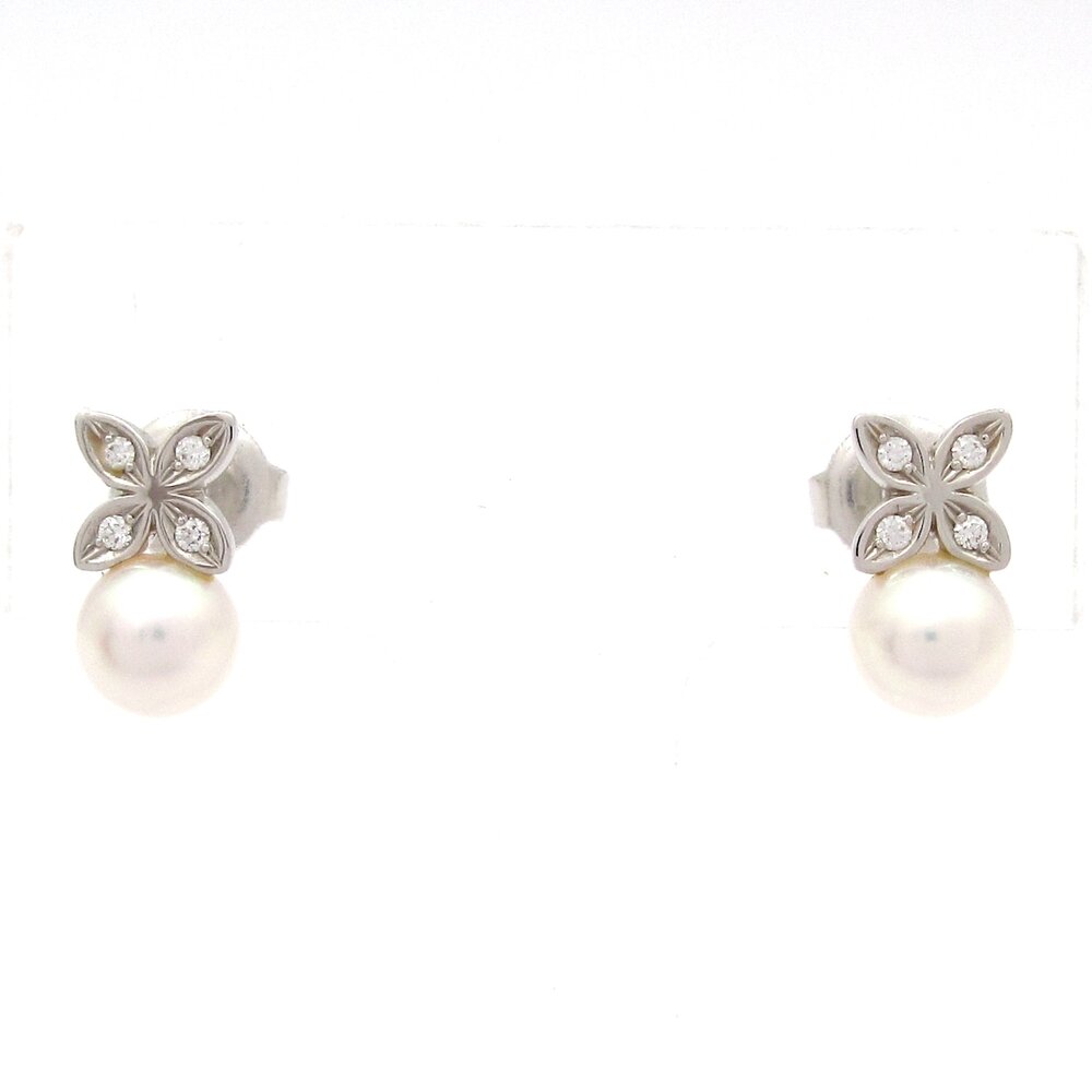 Mikimoto Earrings 18K White Gold Diamond Akoya Pearl